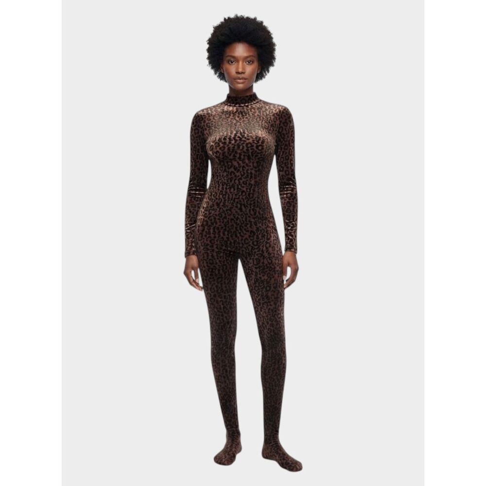 Naked Wardrobe Leopard Print Burnout Velvet Long Sleeve Closed Toe Jumpsuit